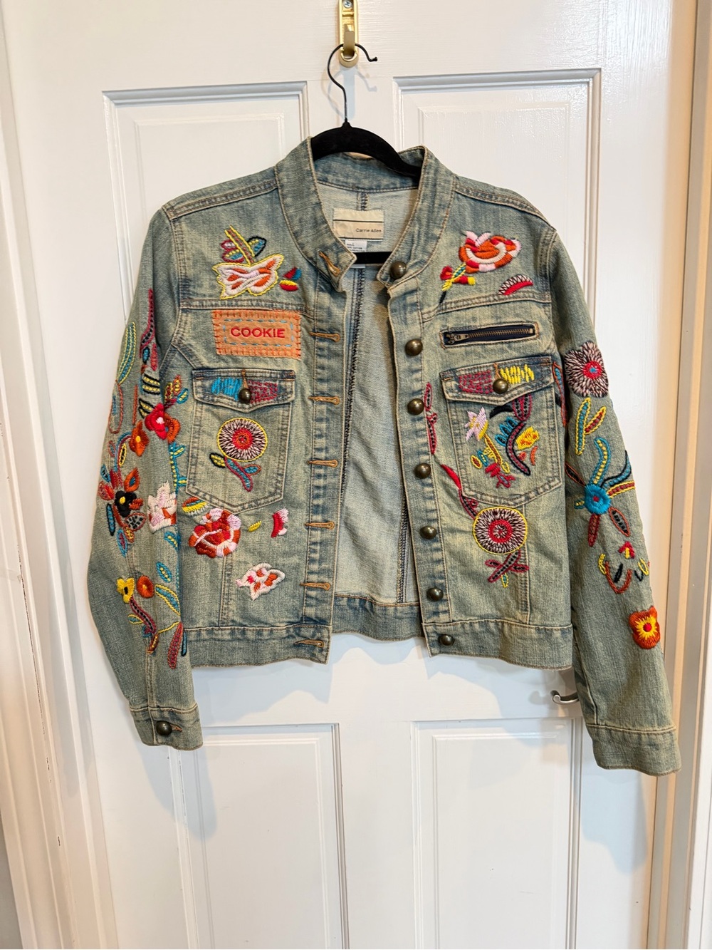 Vintage Funky Carrie Allen Artisan Embroidered Blue Jean Denim Jacket L - Picture 2 of 6